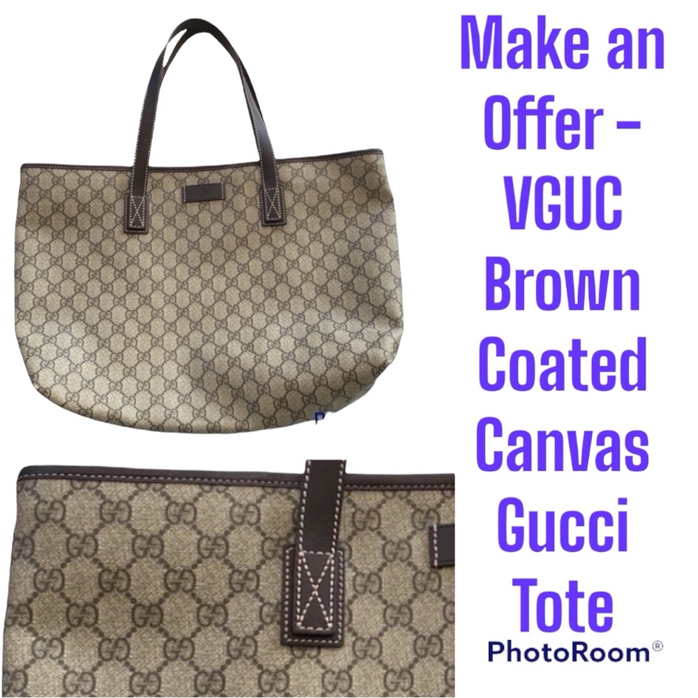 ☀️ Gucci Tote Coated Canvas Brown Leather Straps Shoulder Bag Numbered Grey Tan
